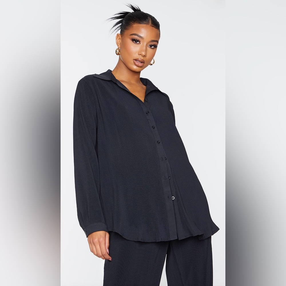 PRETTY LITTLE THING Black Plissé Button Down Oversized Shirt (10)